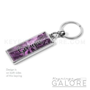 amethyst birthstone silver plated metal keyring with personalized name in black font