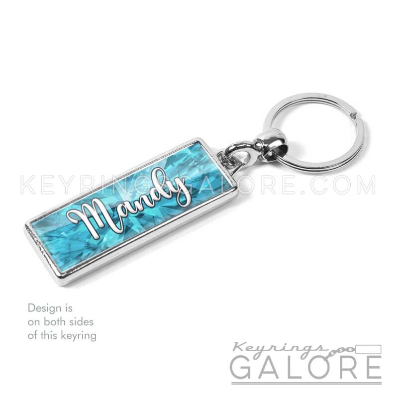 aquamarine birthstone silver plated metal keyring with personalized name in white font