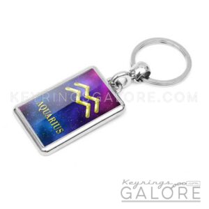 silver plated metal key ring key chain featuring the aquarius logo in gold