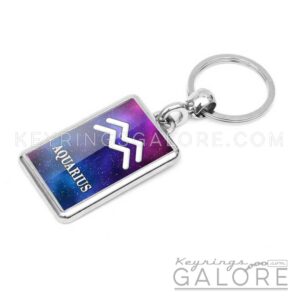 silver plated metal key ring key chain featuring the aquarius logo in white