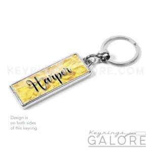 citrine birthstone silver plated metal keyring with personalized name in black font