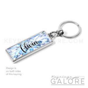 diamond birthstone silver plated metal keyring with personalized name in black font