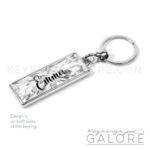 moonstone birthstone silver plated metal keyring with personalized name in black font