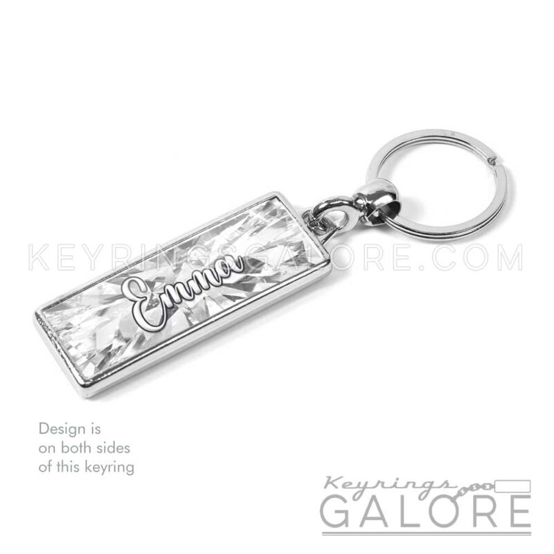 moonstone birthstone silver plated metal keyring with personalized name in white font