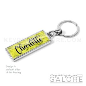 peridot birthstone silver plated metal keyring with personalized name in black font