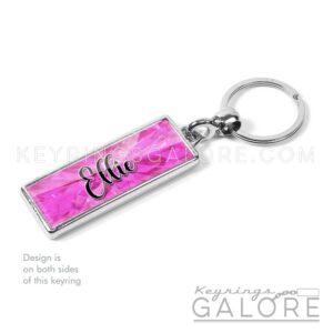 pink tourmaline birthstone silver plated metal keyring with personalized name in black font